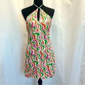Zara multicoloured swirl print retro 70s peephole halter top mini dress L NWOT